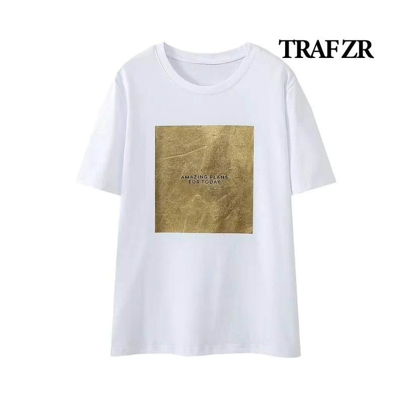 TRAF ZR Y2k Bronzing T-shirts for Women Summer 2024 New in Cotton O-neck Short Sleeve Tee Tops Women\'s T-shirts Female Tops