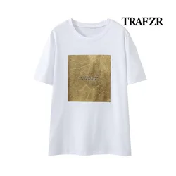 TRAF ZR Y2k Bronzing T-shirts for Women Summer 2024 New in Cotton O-neck Short Sleeve Tee Tops Women's T-shirts Female Tops