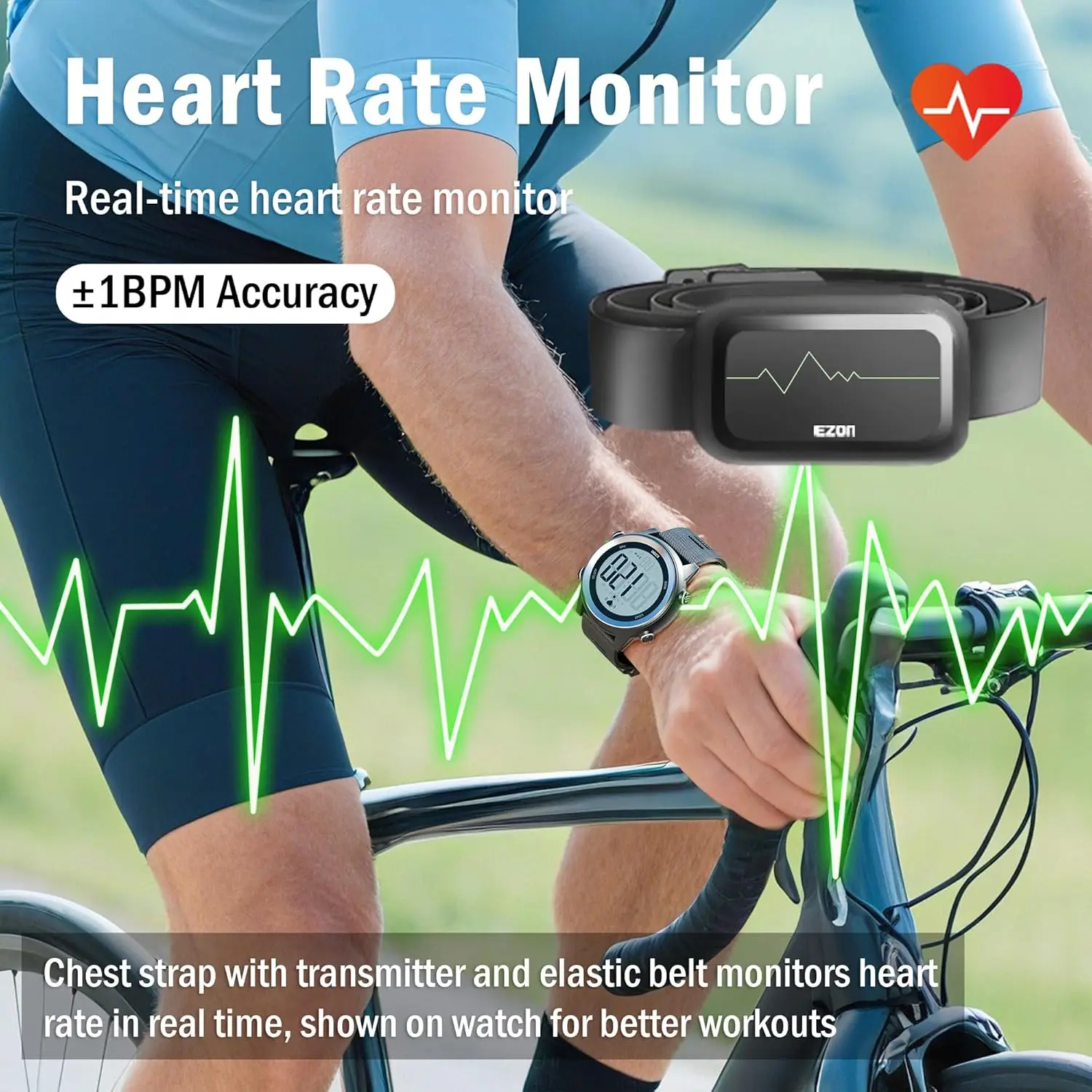 Heart Rate Monitor Sports Watches 50M Waterproof Digital Wireless Fitness Cycling Chest Strap with Watch Bike Accessories