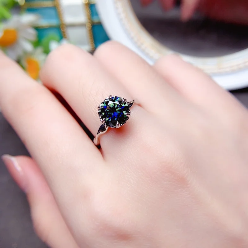 2023 Newest black blue Moissanite Ring Real 925 Silver Fine Jewelry 2CT Lab Diamond Shiny Moissanite Women Engagement Ring Gift