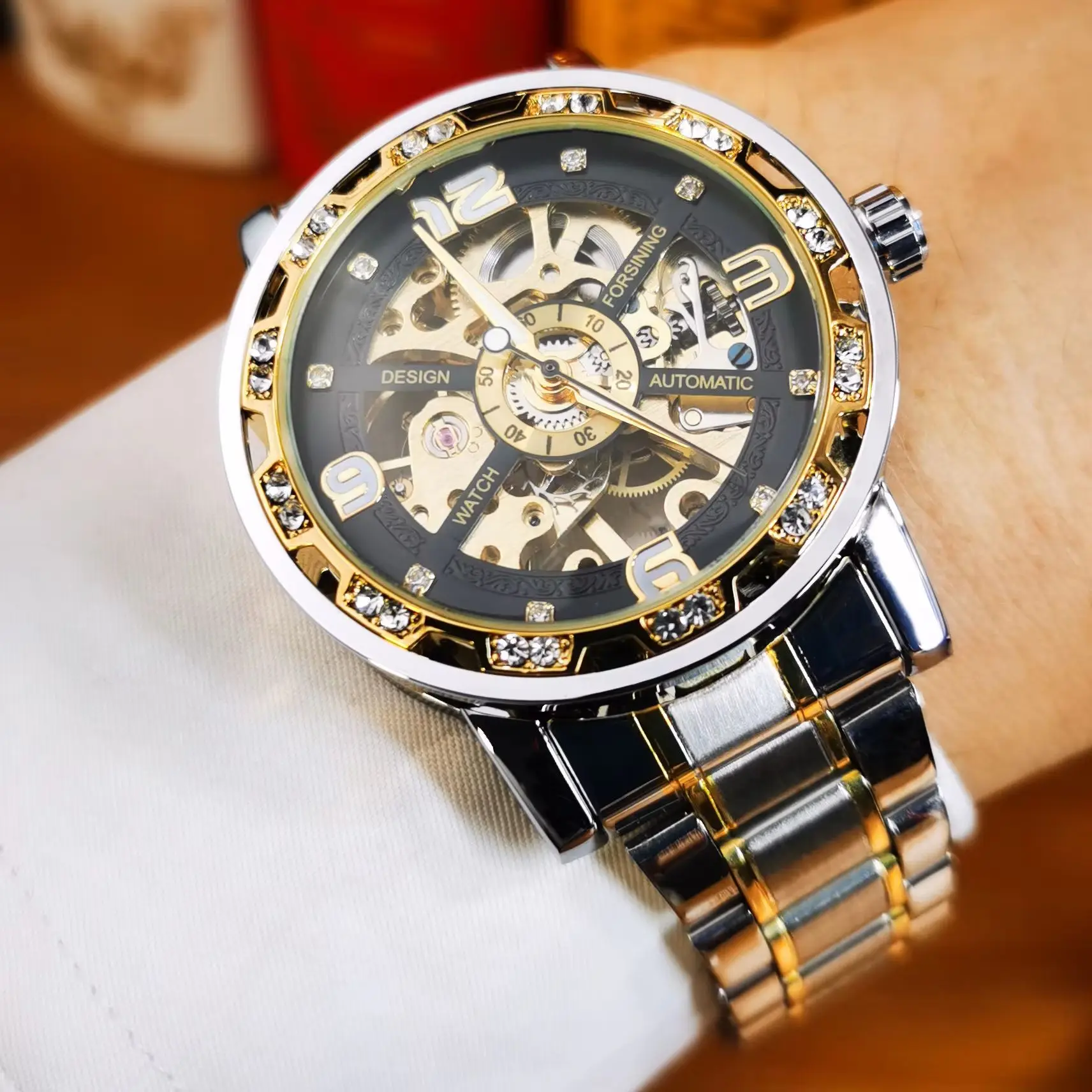 Forsining Retro Herrenuhren Top-Marke Luxus Iced Out Skelett-Mechanikuhr für Männer Edelstahlarmband Klassische Armbanduhr