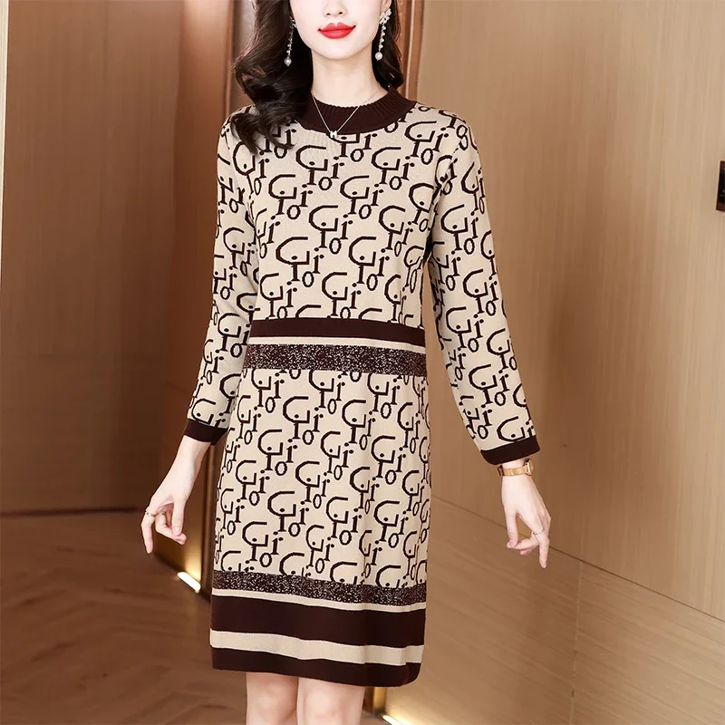 

NMZM Office Women's Autumn/Winter Jacquard Knitted Dress Elegant Long sleeved Loose Wool 100% Sweater Dress