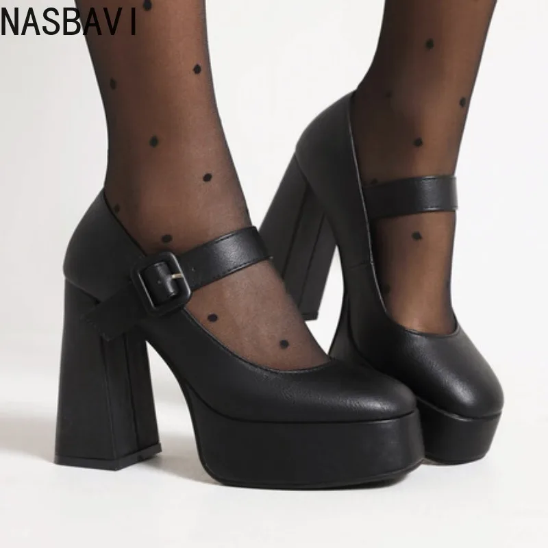 

NASBAVI Women High Heel Shoes Platform Square High Heel Ladies Pumps PU Leather Round Toe Buckle Party Women Shoes Big Size 43