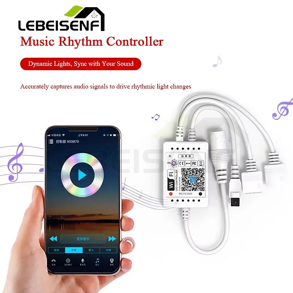 WiFi Dual-Head Dual-Output RGB Music Controller Smart Home Automation IR24-Key Remote LED Strip Lights Control