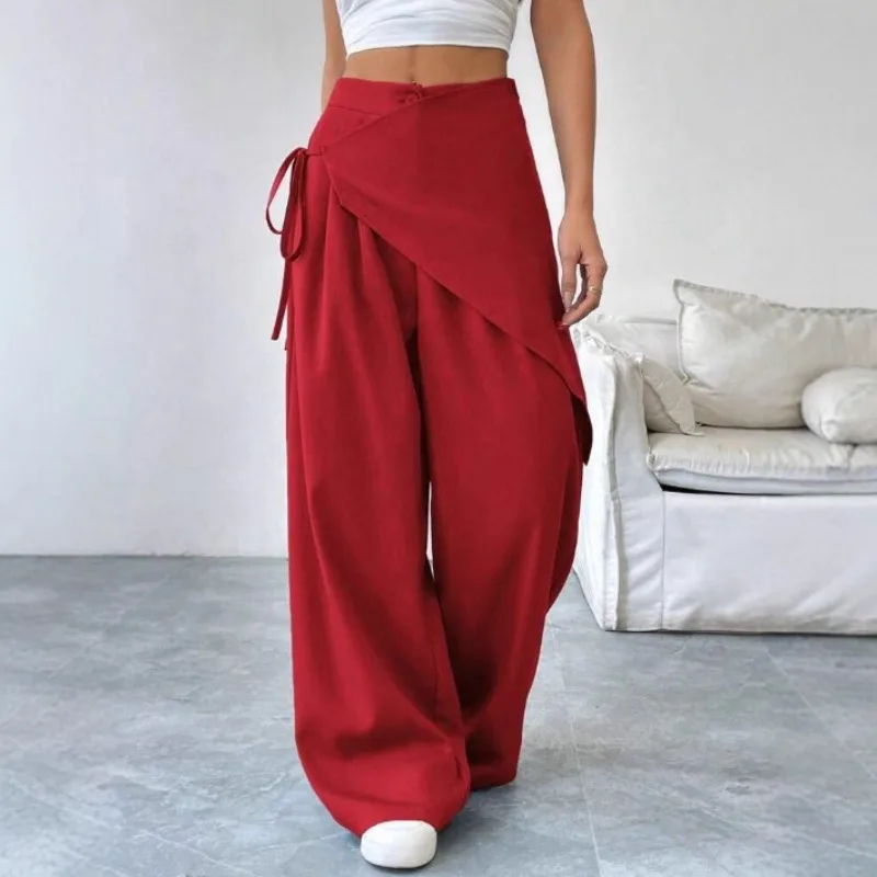 Immagine 4: Pantaloni Eleganti Irregolari da Donna, Vita Alta, Gamba Larga, Nuova Moda, Tinta Unita, Casual