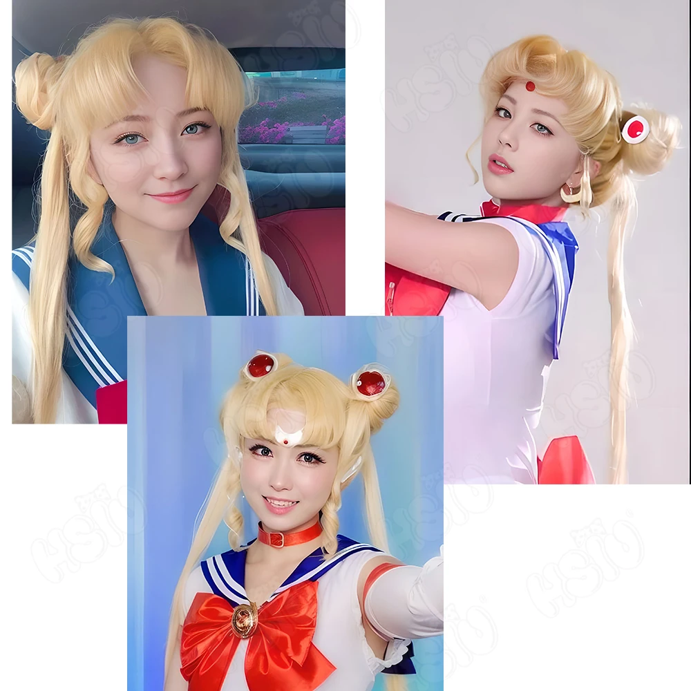 Tsukino Usagi cosplay wig HSIU 95Cm Blonde Double Ponytail Long Curly Give away brand wig net