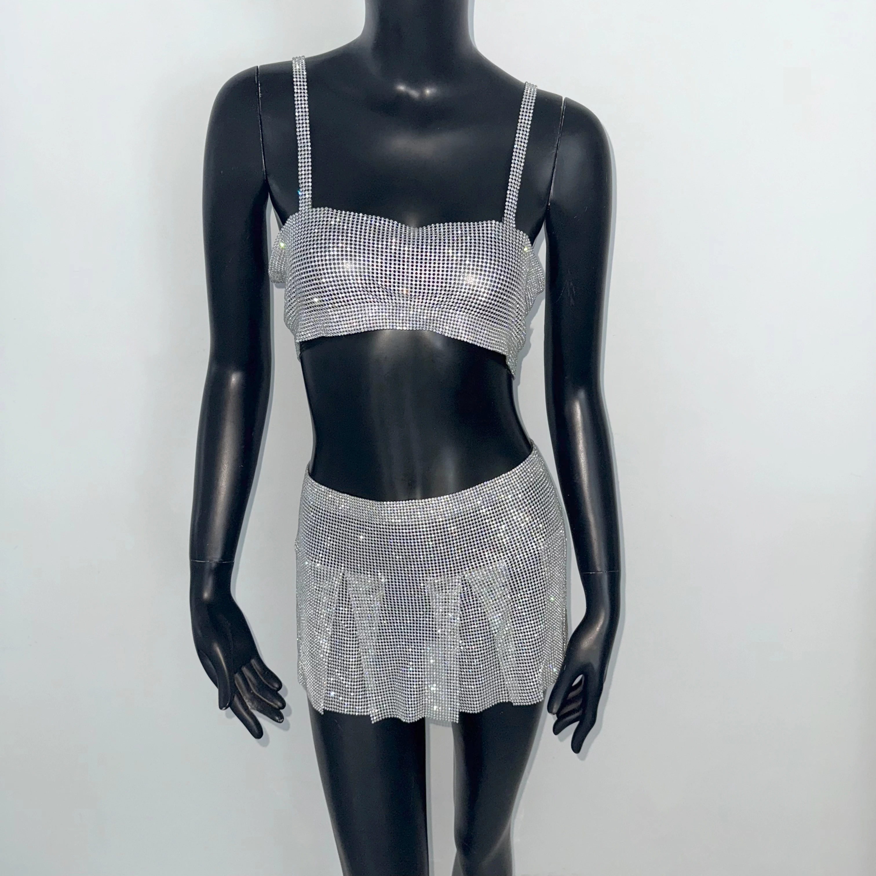 Feminino 2 peça conjunto glitter strass sem costas regata com lantejoulas de metal lado split mini saia verão rave festival outfits