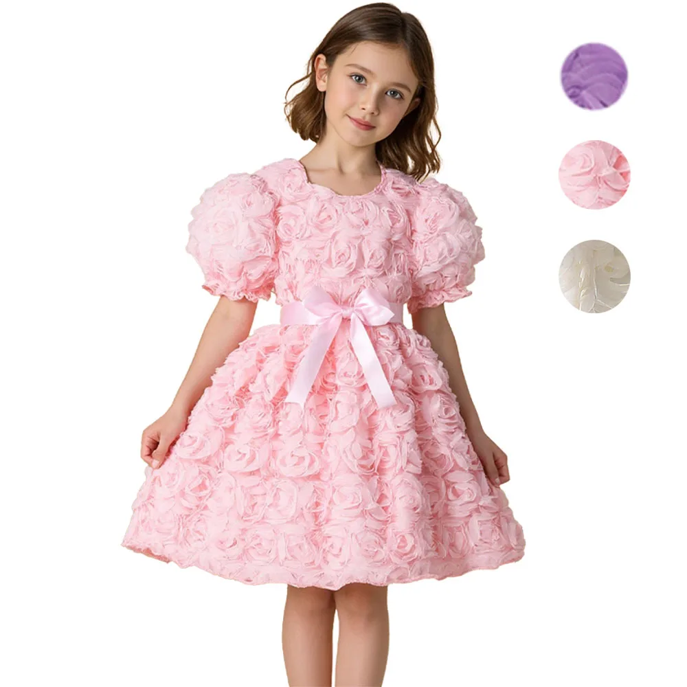 Flower Formal Girl Dress Princess 3D Rose Embellished Ball Gown Tutu Tulle Party Wedding Mesh Puff Dresses Floral with Bow Belt