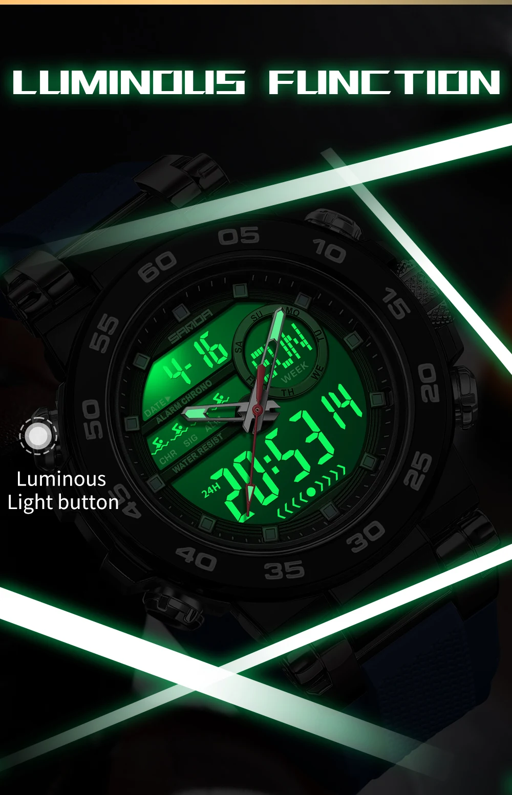 SANDA جديد 6296 ساعة إلكترونية عصرية للرجال رياضية متعددة الوظائف مقاومة للماء قرص كبير ثلاثة دبوس ساعة إلكترونية للرجال