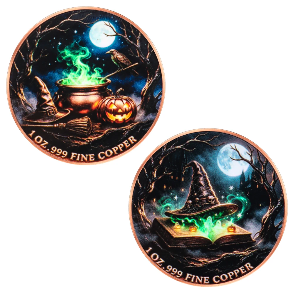 2 Styles 1 oz .999 Fine Copper Halloween Witch Challenge Coin Magic Book Pumpkin Raven Collectible Medal Spooky Night Souvenir