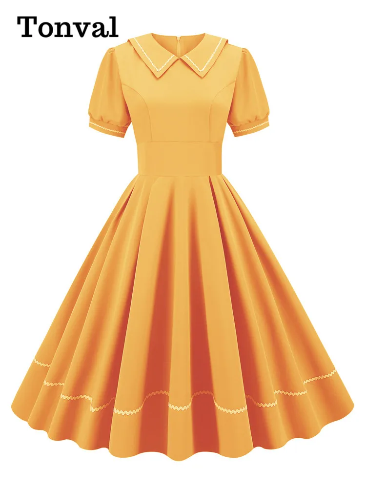 Tonval 선원 칼라 짧은 소매 빈티지 스타일 높은 허리 스윙 드레스 여성을위한 우아한 블루 이브닝 가운 Pleated 드레스