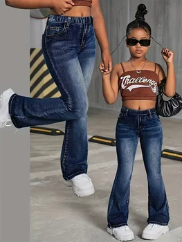 Girls' School-Style Fashion Wide-Leg Jeans, Elastic Waist and Comfortable Fabric, Suitable for All Seasons to Wear.