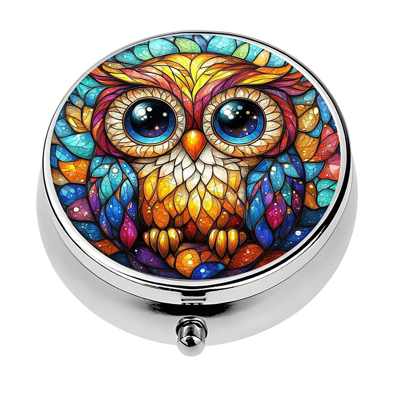1 wallet box with 3 compartments, owl-themed storage box, organizer, decorative metal portable pill and vitamin box, for travel and daily use, for wallet or other purposes, unique
