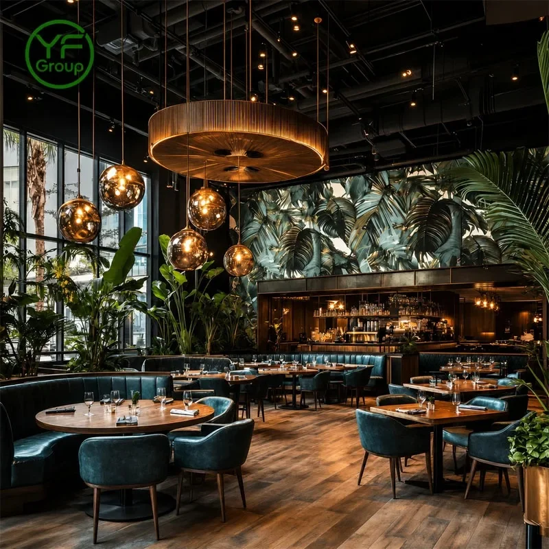 OEM High-End Restaurant Furniture Curved Tufted Velvet Booth Seating Wooden Table and Chair Commercial Hospitality