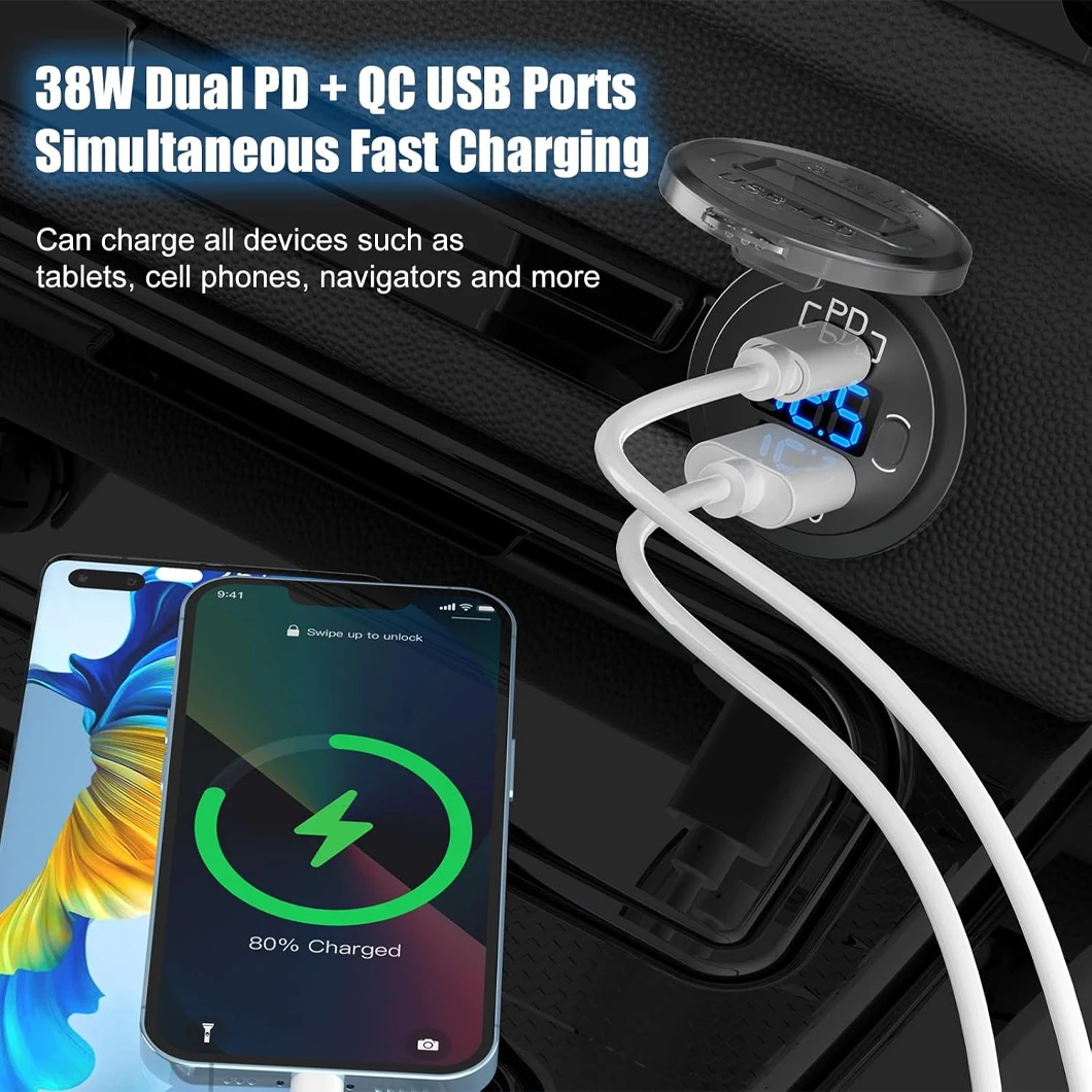 ABILKEEN DC12-24V 38W Output Car Power Charger PD+QC3.0 USB Dual Socket Charger with Digital Display Voltmeter and ON-OFF Switch
