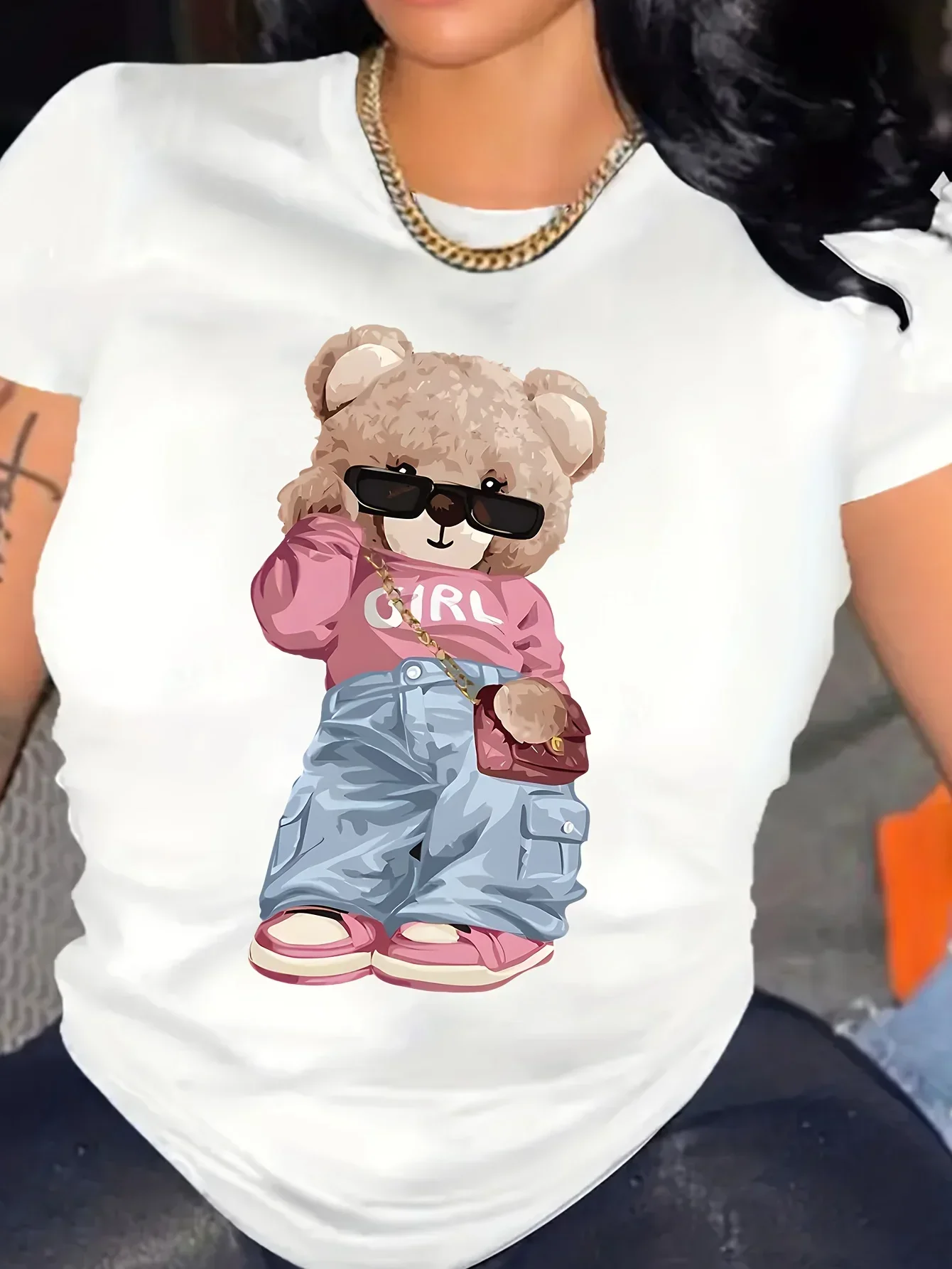 Cute Bear Print T-shirt Short Sleeve Crew Neck Casual Top for Summer & Spring Women's Clothing T Shirt Female Tops Streetwear