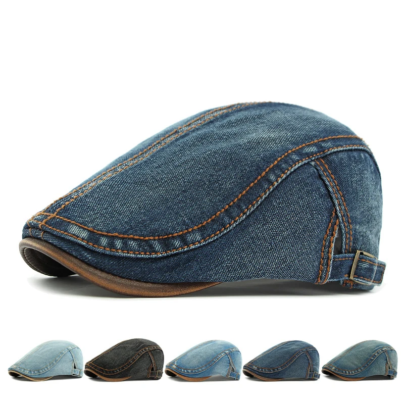 

2025 New Cotton Denim Flat Caps for Men & Women Adjustable Newsboy Driver Cap with Leather Visor Retro Sun Hat Casual Streetwear