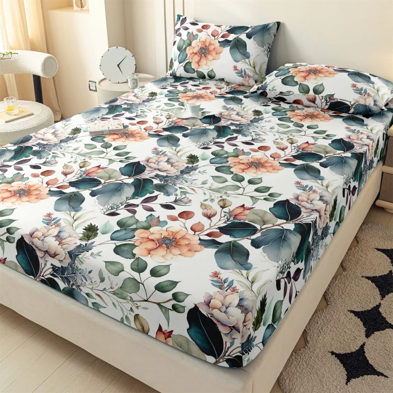 1pc Brushed Floral Print Polyester Fitted Sheet With Elastic Bands Non-Slip Mattress Cover for Single Double King Bed 153*203cm