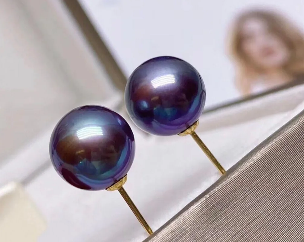 Pair 13-14mm Purple Lavender Perfect Round Pearl Stud Earrings Women Simple Wedding Party Jewelry Accessories Dangle Hook 223AAA