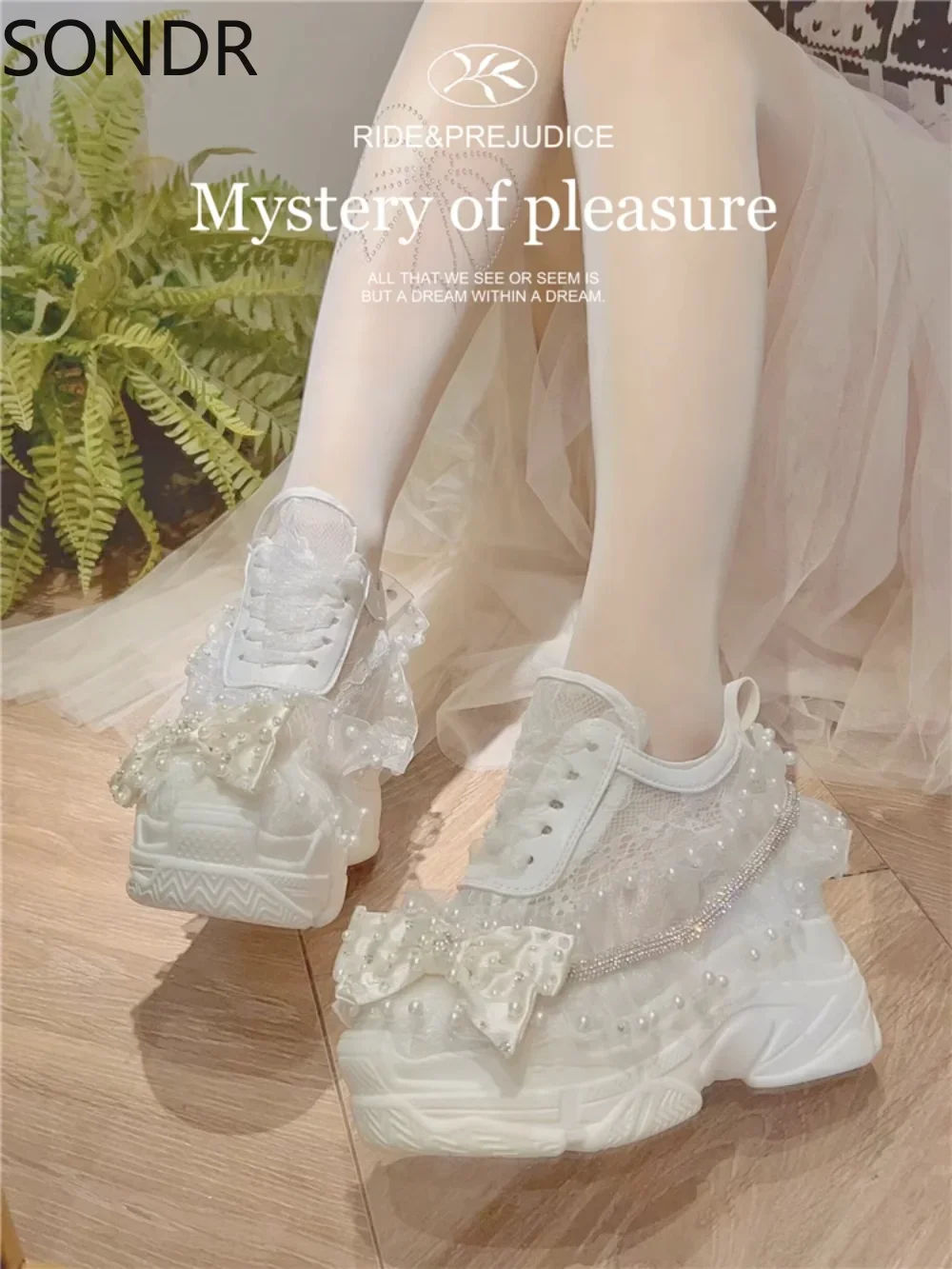 Womens Lace Mesh Pearls Bowknot Platform DIY White High Hidden Heel Sneakers Shoes Breathable Lolita Sweet GirlsNew 2024