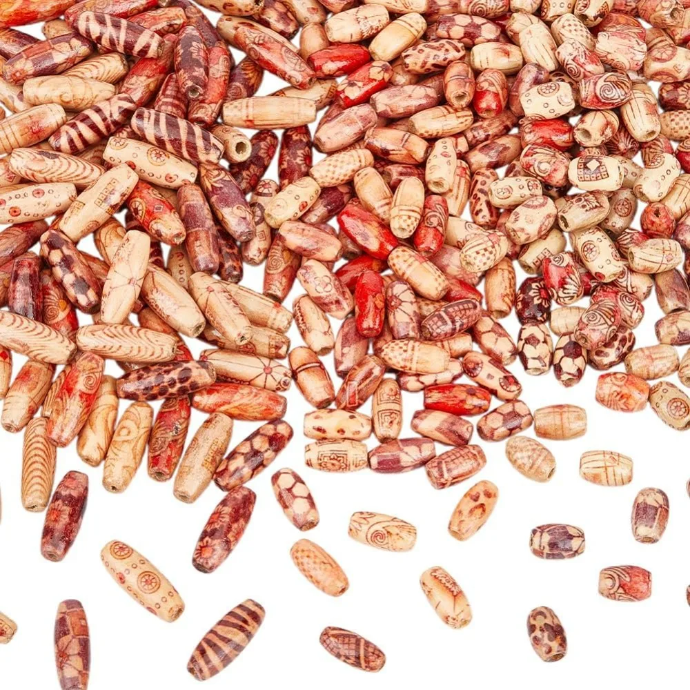 

300Pcs Oval Wood Bead Barrel Wooden Beads Bulk Mixed Painted Pattern Wood Column Macrame Craft Loose Spacer for Hair