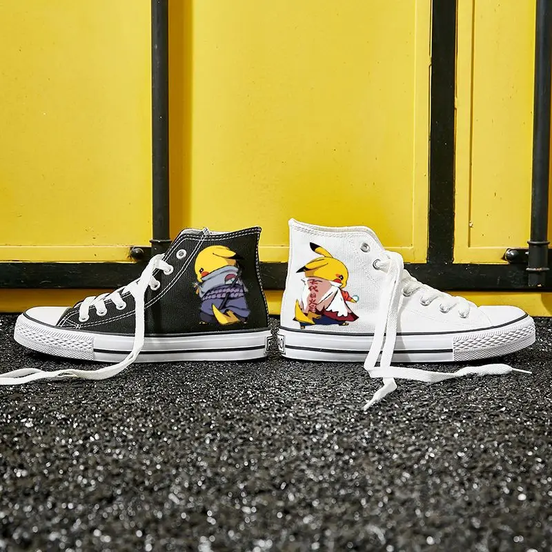 2024 new Pikachu For Men And Women plus size Korean Edition Versatile Trendy Casual High Top Canvas white black Board Shoes