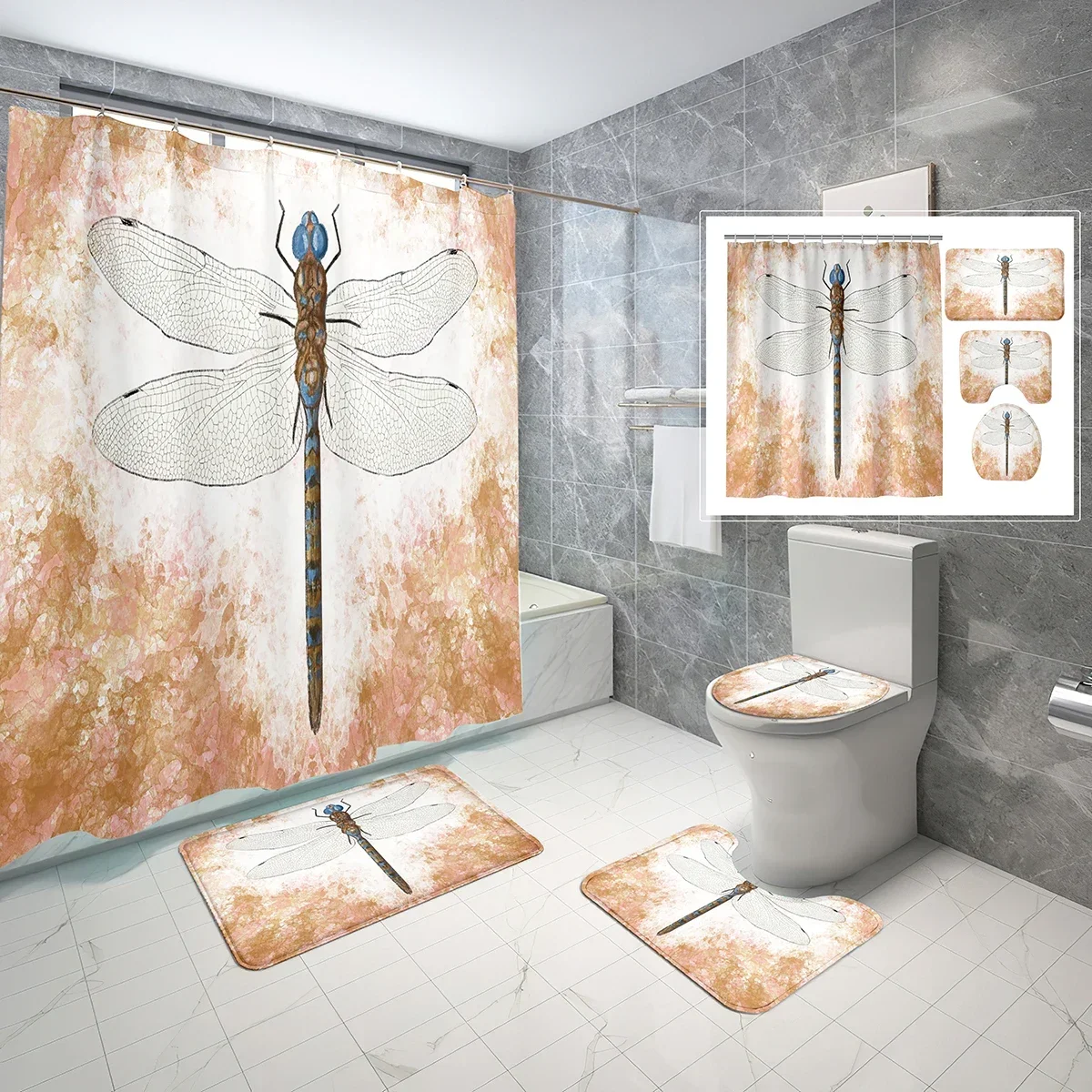 4 Piece Dragonfly Shower Curtain Sets Ornate Wings Insects with Non-Slip Rugs Toilet Lid Cover and Waterproof Shower Curtain Set