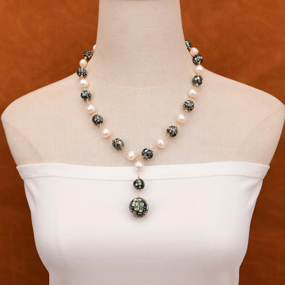 

GG Natural White Pearl Green Abalone Shell Round Beads Necklace Pendant