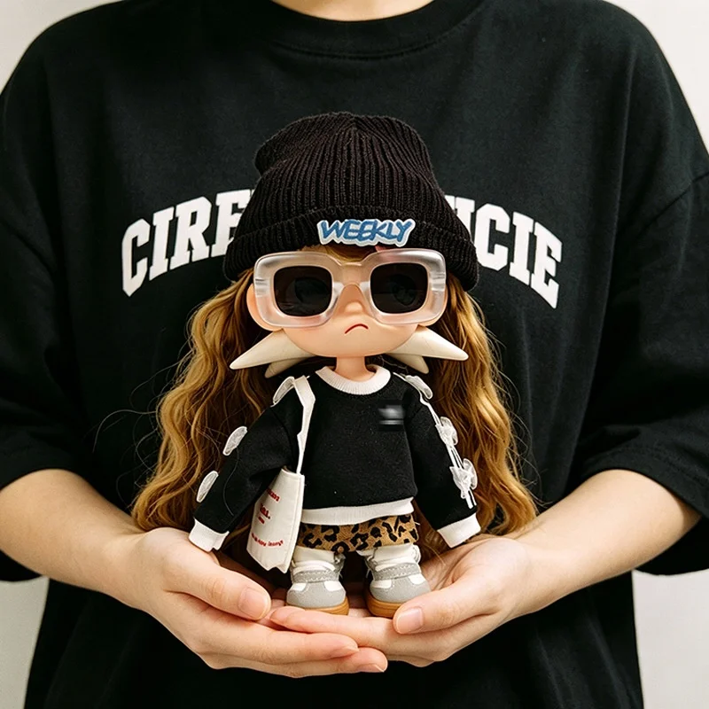 Zsiga's desired item: 1/8 size 20cm doll Gaozi sister with bow tie long-sleeved T-shirt leopard print skirt hip-hop style, f