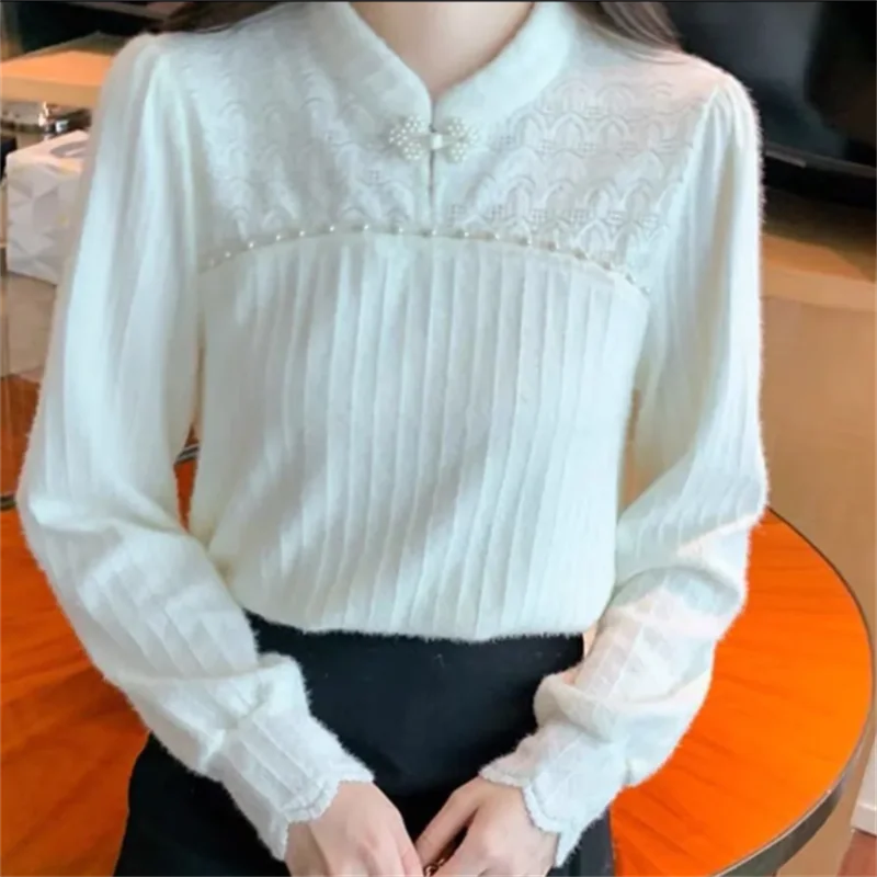 

Белая футболка, женская футболка, кружевная блузка для женщин, красивый топ, кружевная основа, женские футболки на пуговицах в китайском стиле