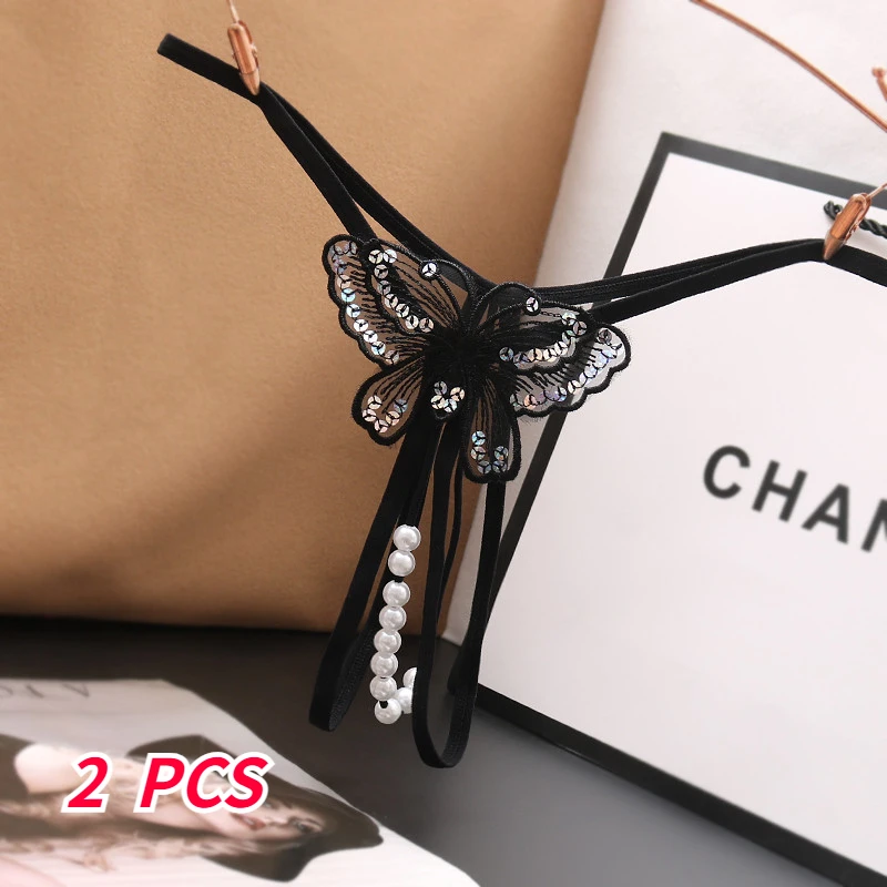 

2 шт. женское сексуальное нижнее белье с бисером и открытым файлом, сексуальное нижнее белье с бабочкой, массажные Т-образные стринги с блестками