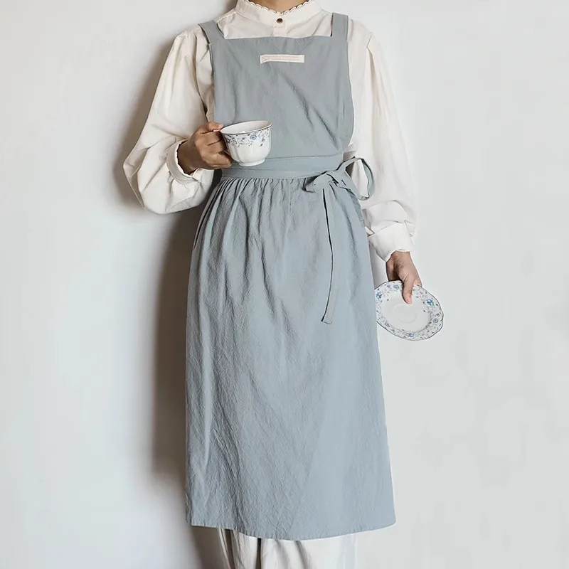 Uteynee Pure Cotton Pleated Kitchen Apron for Women Cross-back Painting Cooking Baking Dress Pinafore with Pockets Work Clothes