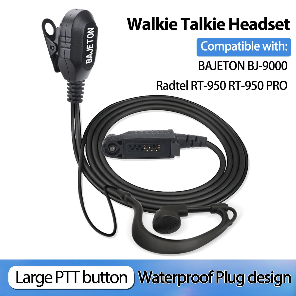 BAJETON Walkie Talkie Headphone Large PTT Button Mic Earpiece Headset Waterproof Plug Design For BJ-9000 RT-950 RT-950PRO Radio