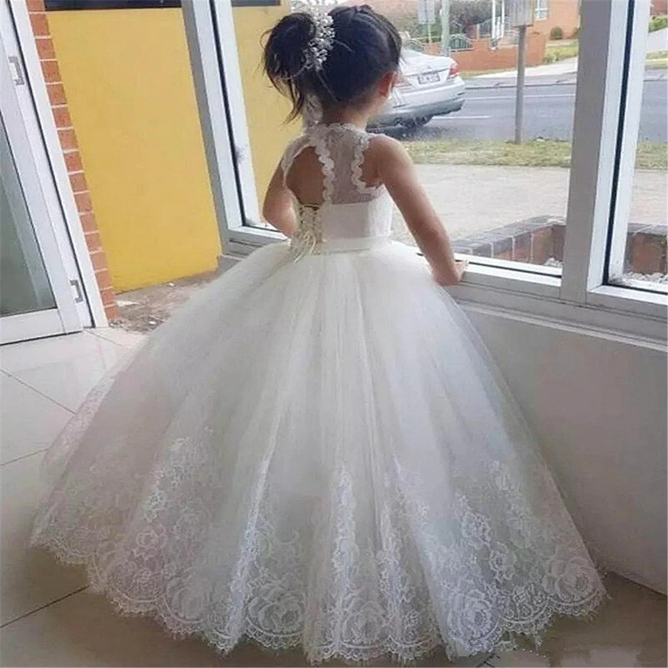 HYGLJL Weiß Spitze Erstkommunion Kleid Appliques Sleeveless Blume Mädchen Kleider für Hochzeit Puffy Tüll Ballkleid für Mädchen