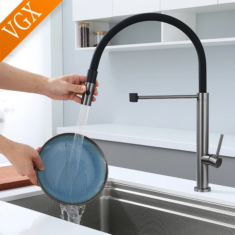 VGX Kitchen Faucet Sink Faucets Rubber Pull Down Stream Sprayer Taps Stainless Steel 304 Rotatable Kitchen Mixer Water Tap Crane