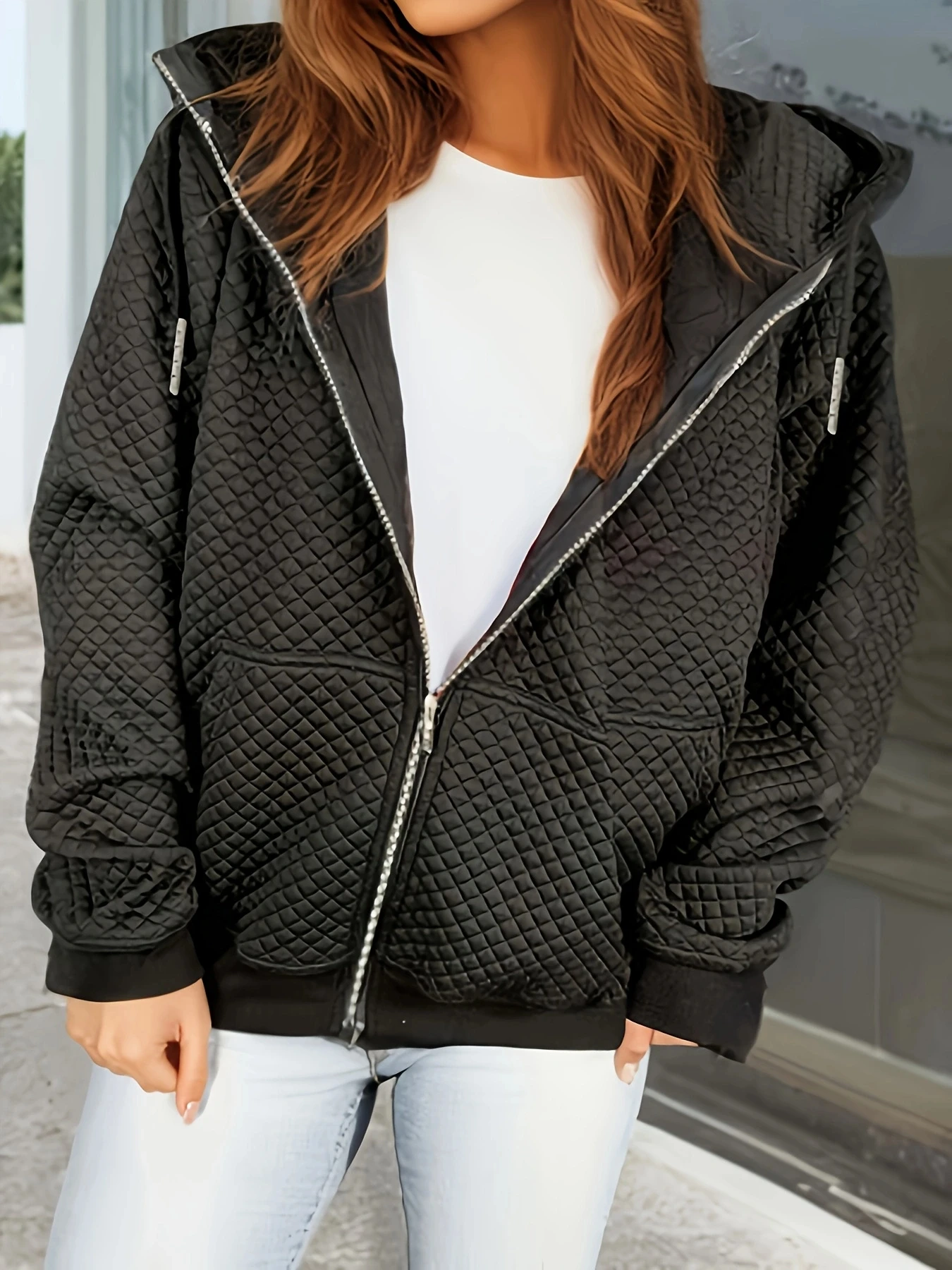 

Plus size black diamond quilted stand collar zip-up jacket loose casual textured pocket versatile cropped jacket