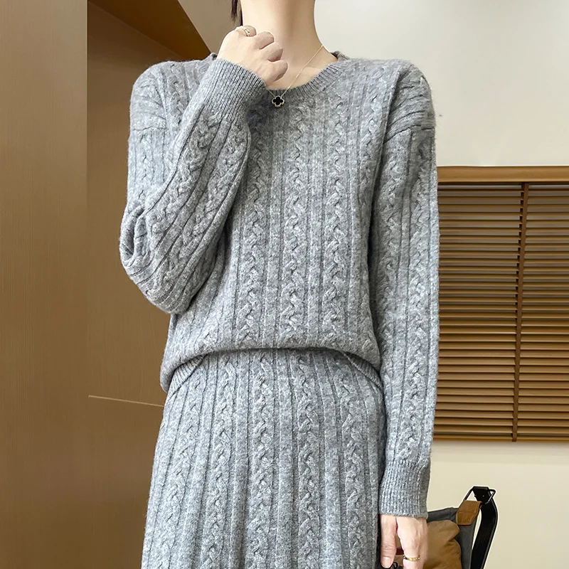 Pure Wool Crewneck Jumper + Skirt Two-Piece fall/Winter New Loose Sweater Knitted High Waist and Knee Skirt Umbrella Skirt