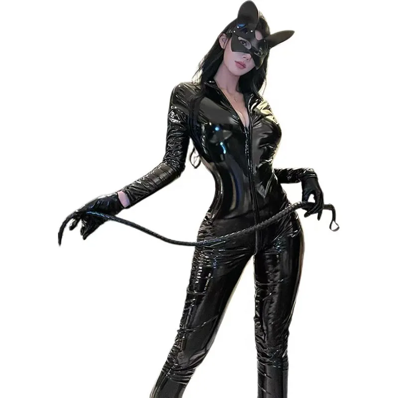 Sexy Hot Women PU Faux Leather Catsuit PVC Latex Bodysuit Front Zipper Open Crotch Jumpsuit Stretch Erotic Costume Halloween Set