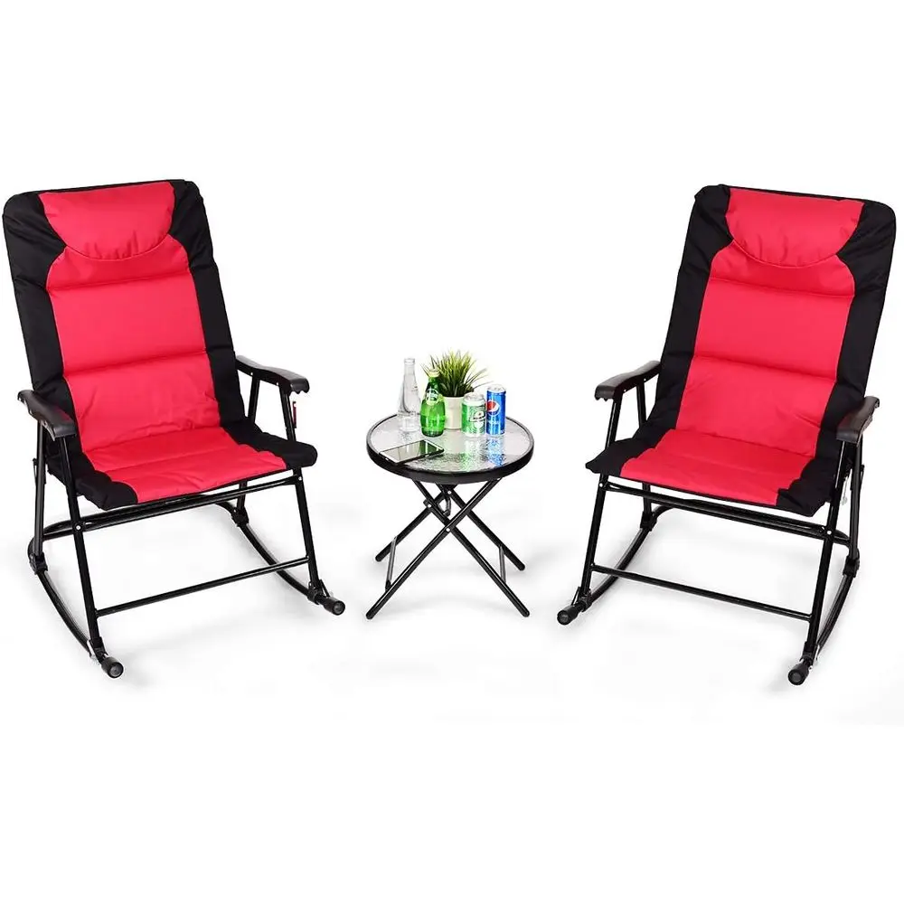 

Folding Bistro Set Outdoor Patio Rocking Chairs Round Table Set 2 Rocking Chairs w/Glass Coffee Table for Yard, Patio, Deck, Bac