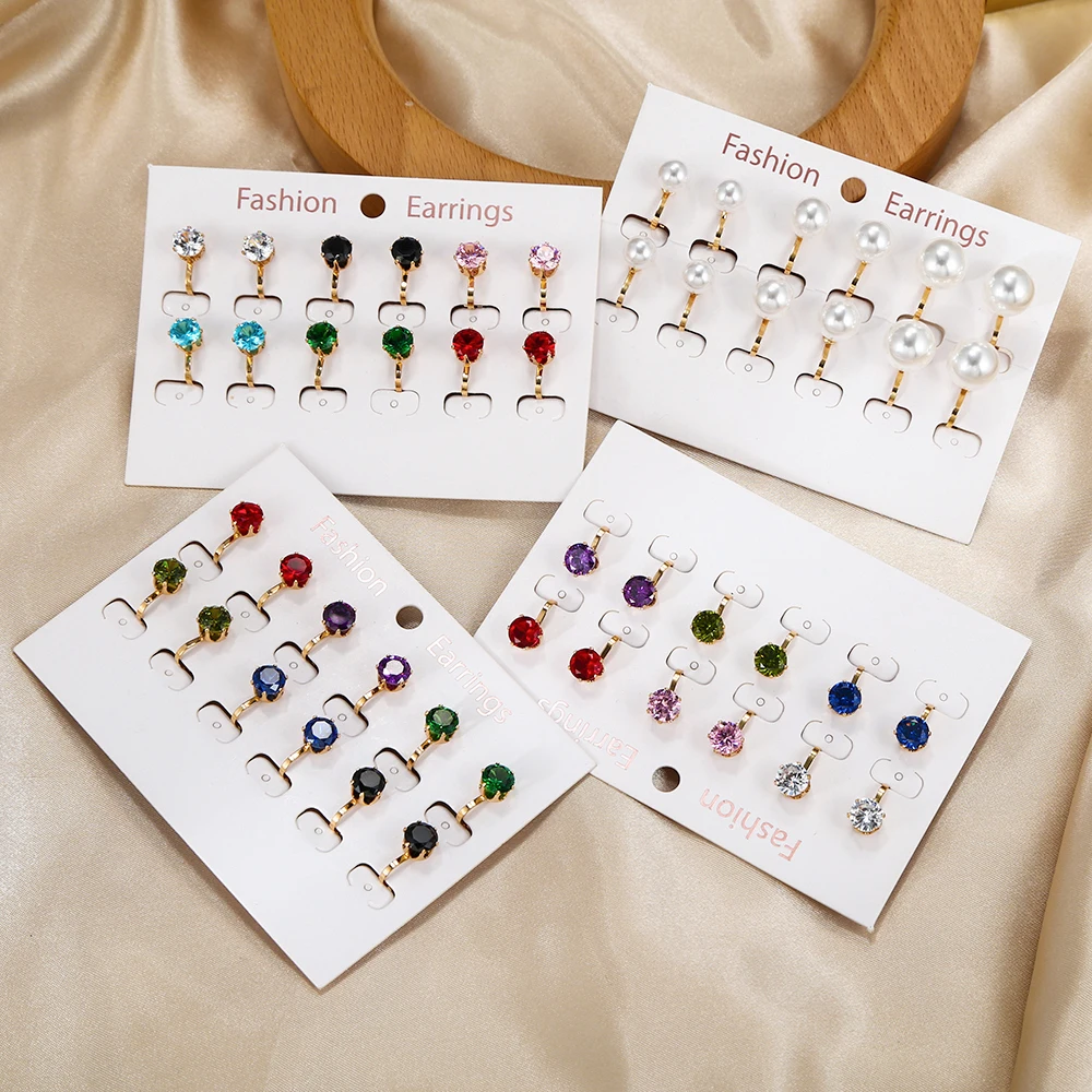 6 Pairs/set Luxury Female Round Colorful Zircon Stone Clip on Earrings Fashion Vintage Gold Non Pierced Ear Clips For Women Gift