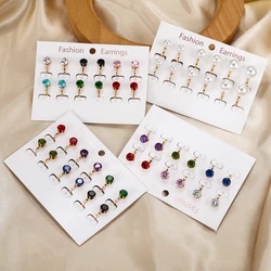 6 Pairs/set Luxury Female Round Colorful Zircon Stone Clip on Earrings Fashion Vintage Gold Non Pierced Ear Clips For Women Gift