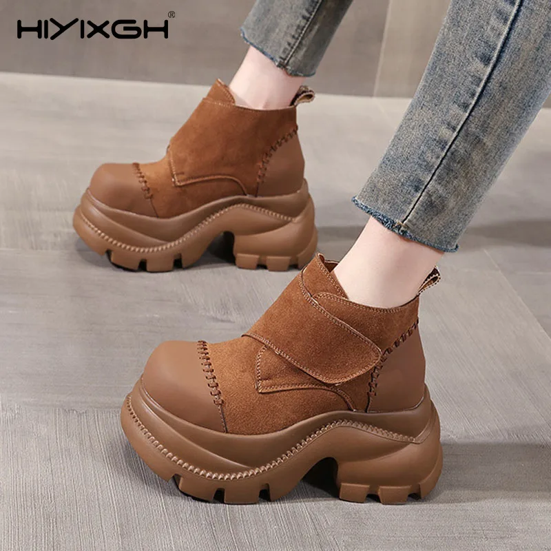

9cm Genuine Leather Women Ankle Boots Chunky Heel Platform Booties Spring Autumn Shoes Comfortable Non Slip Fashion Boots