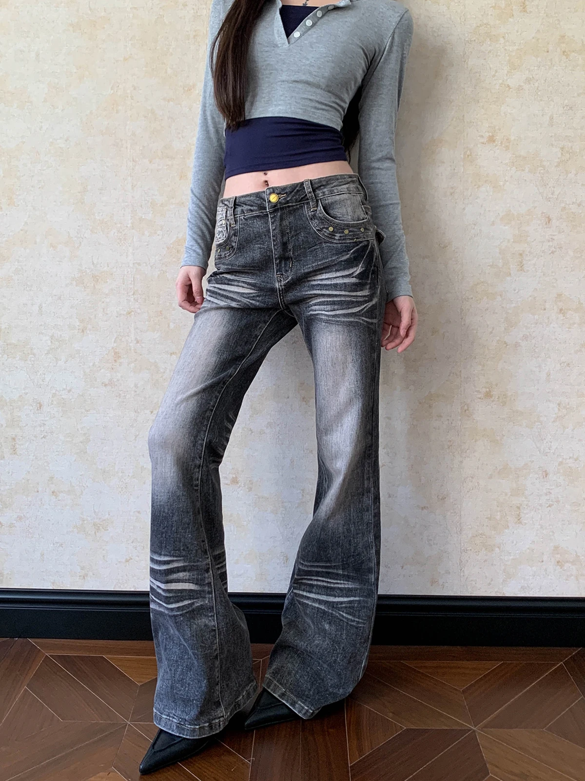 

Aket American Sle Retro Low Waist Flared Jeans Women's Patchwork Leopard Print Slimming Pants Cotton Breathable Skinnies