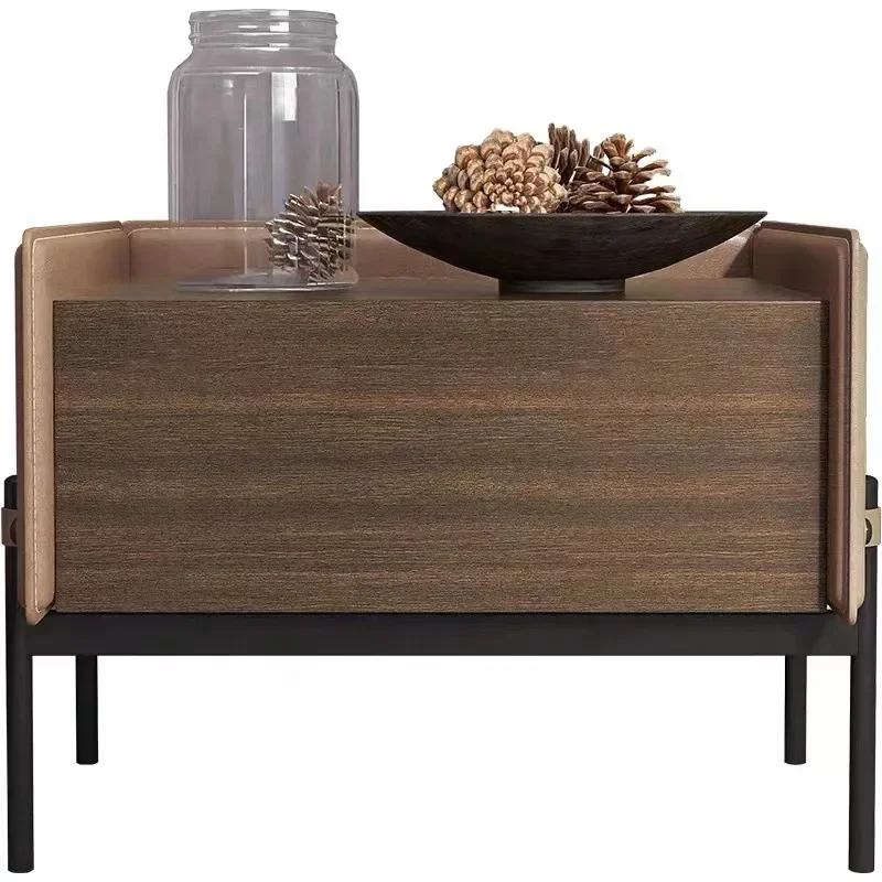 Italian minimalist smoked solid wood bedside table saddle leather hard leather bedside table designer creative bedside table