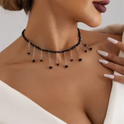 Collar con colgante de borla de Metal chapado en plata para mujer, cadena de cuentas negras Vintage, Gargantilla Simple Bohemia, regalo de joyería
