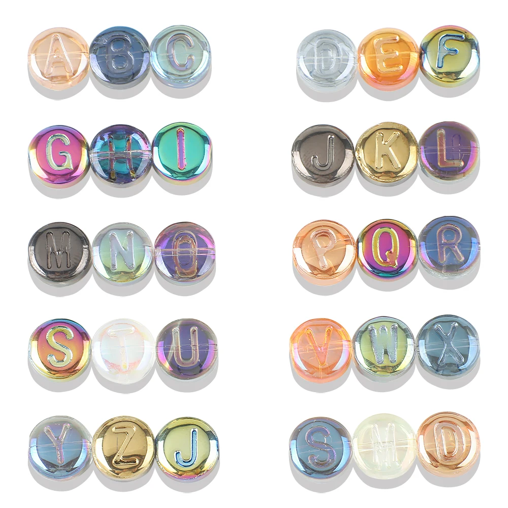 

100Pcs 10mm Crystal Glass Letter Beads Flat Round Initial Letter Spacer Beads for Kandi Bracelet Necklace Earring Jewelry Making