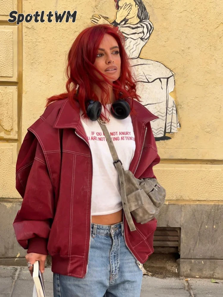 Giacca da donna in pelle con cerniera rossa vino Casual manica lunga con risvolto cappotto corto capispalla moda autunno Vintage