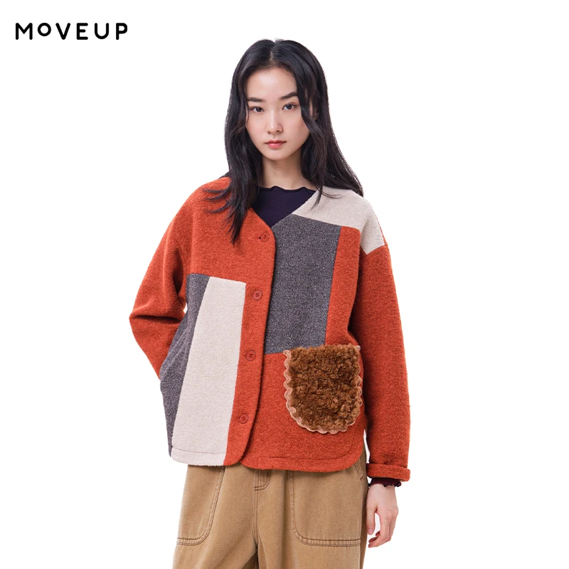 MOVEUP Women's Jackets Woolen Color Block Patch Pockets Casual Cropped Coats FUN Series 2026 Winter Commute Outerwear 3ELD60201