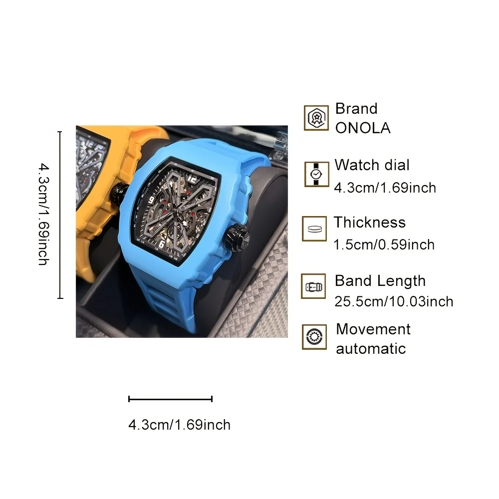 ONOLA Men's Automatic Mechanical Watch, Full Skeleton Hollow Dial, Luminous Hands Waterproof Fashion Sports Watch
