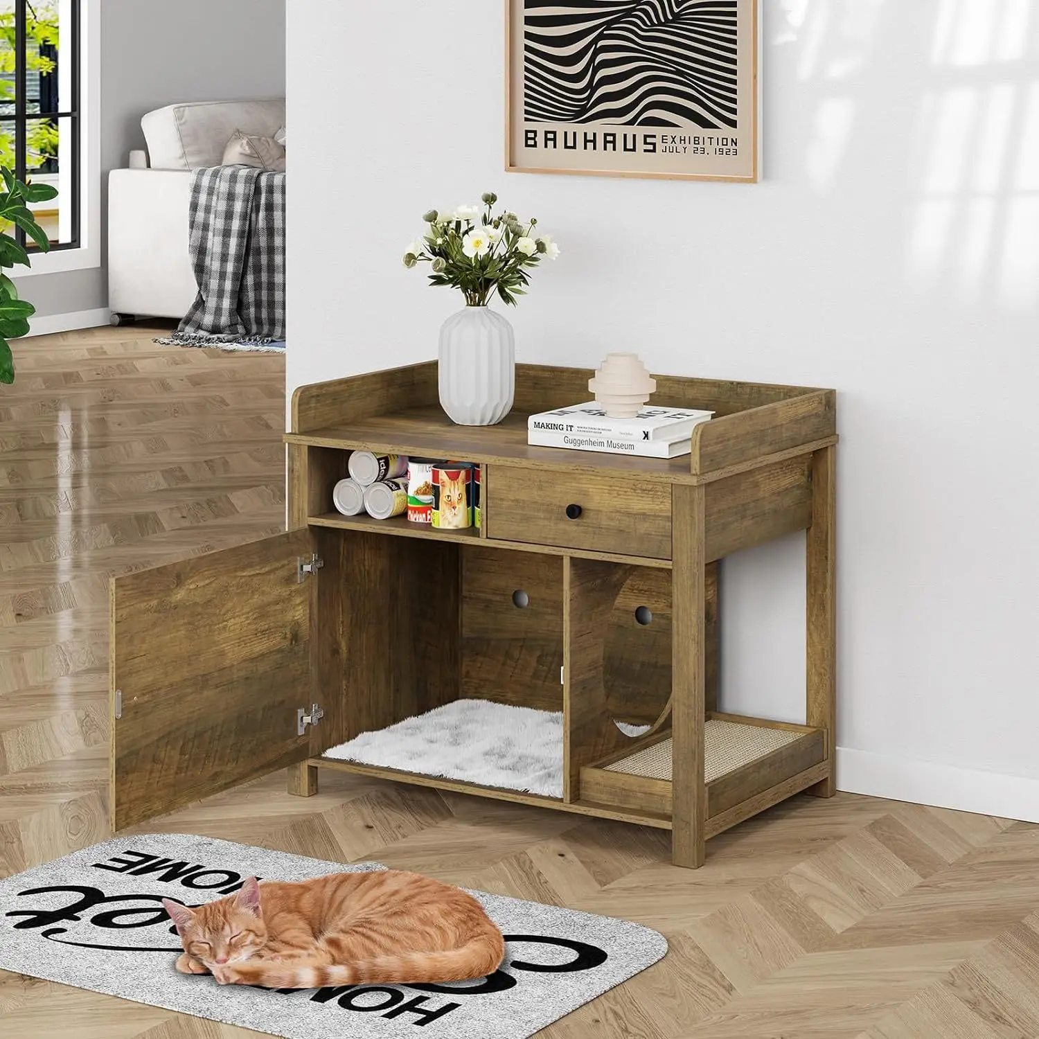 Factory Direct 2026 Small household tableware room storage cabinet, flower and wood integrated cat tableware cabinet